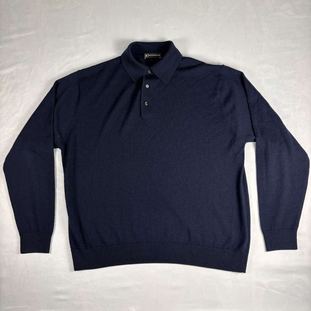 Vintage Bachrach Men's L Navy Solid 100% Merino Wool Long Sleeve knit Polo